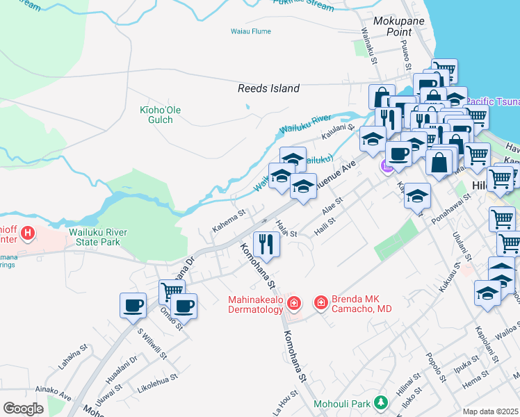 map of restaurants, bars, coffee shops, grocery stores, and more near 188 Hale Street in Hilo