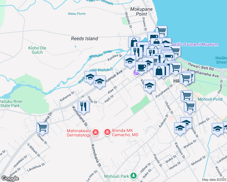 map of restaurants, bars, coffee shops, grocery stores, and more near 91 Alae St in Hilo