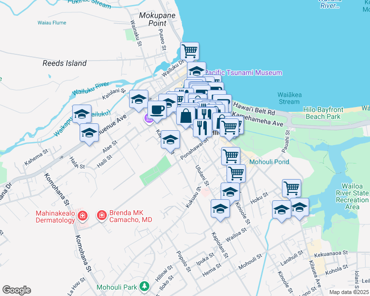 map of restaurants, bars, coffee shops, grocery stores, and more near 24 Loulu Lane in Hilo
