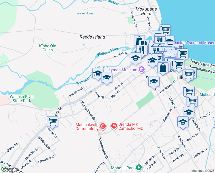 map of restaurants, bars, coffee shops, grocery stores, and more near 587 Waianuenue Avenue in Hilo