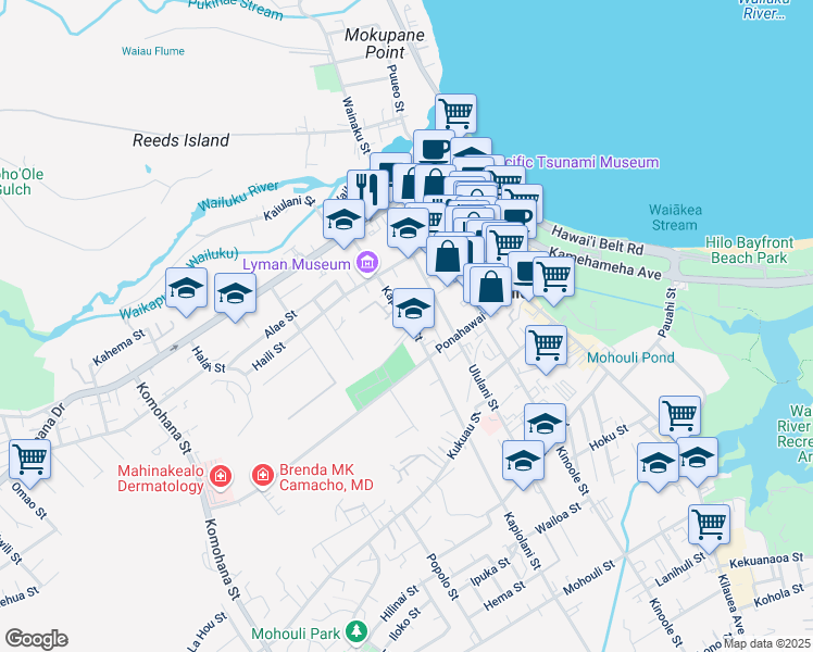 map of restaurants, bars, coffee shops, grocery stores, and more near 144 Kapiolani Street in Hilo