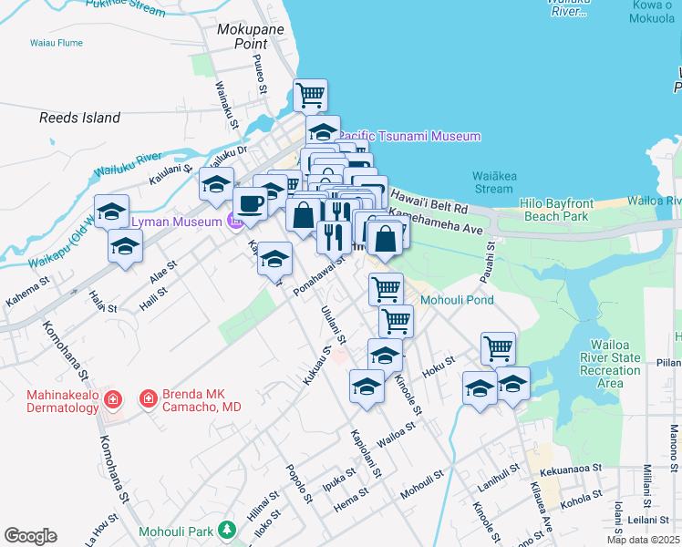 map of restaurants, bars, coffee shops, grocery stores, and more near 485 Kinoole Street in Hilo