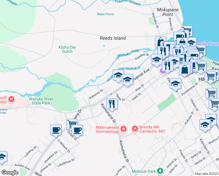 map of restaurants, bars, coffee shops, grocery stores, and more near 188 Hale Street in Hilo