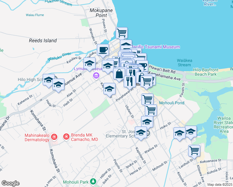 map of restaurants, bars, coffee shops, grocery stores, and more near 24 Loulu Lane in Hilo