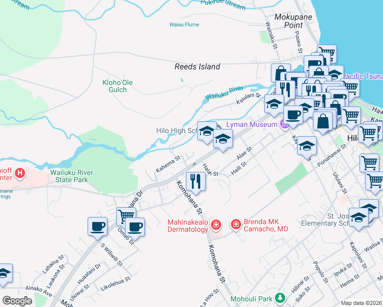 map of restaurants, bars, coffee shops, grocery stores, and more near 188 Hale Street in Hilo