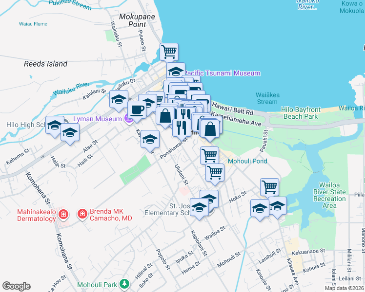 map of restaurants, bars, coffee shops, grocery stores, and more near 426 Kinoole Street in Hilo