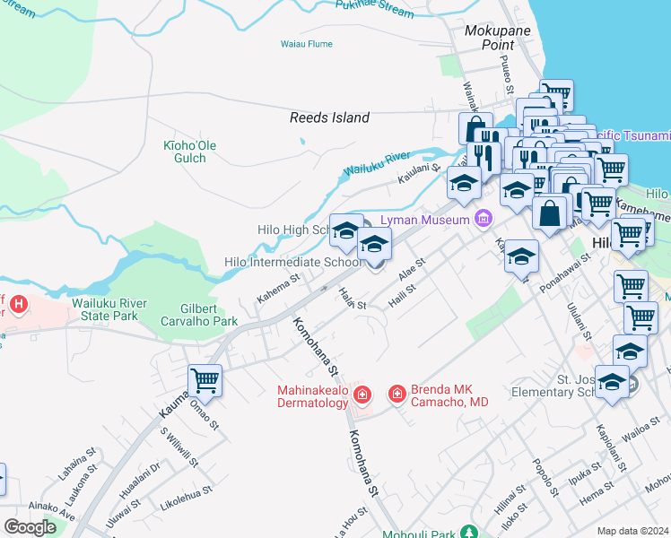 map of restaurants, bars, coffee shops, grocery stores, and more near 556 Waianuenue Avenue in Hilo