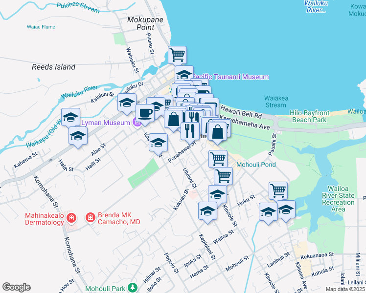 map of restaurants, bars, coffee shops, grocery stores, and more near 426 Kinoole Street in Hilo