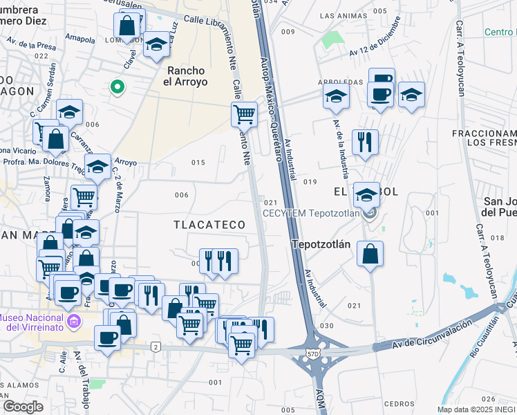 map of restaurants, bars, coffee shops, grocery stores, and more near 30 Calle Libramiento Norte in Tepotzotlán