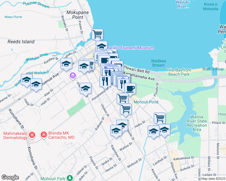 map of restaurants, bars, coffee shops, grocery stores, and more near 90 Osorio Lane in Hilo