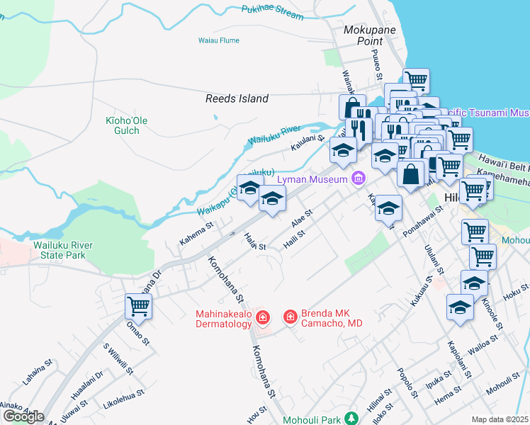 map of restaurants, bars, coffee shops, grocery stores, and more near 556 Waianuenue Avenue in Hilo