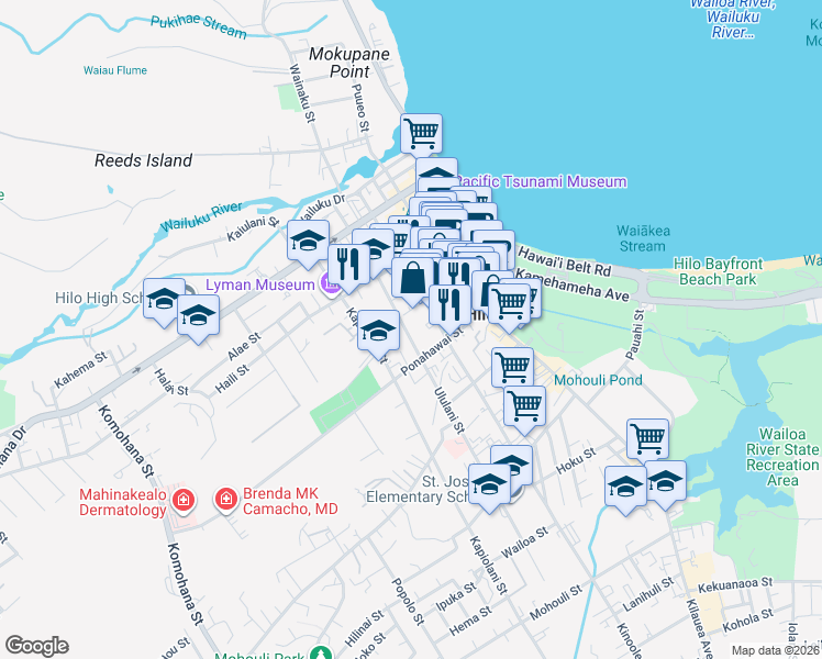 map of restaurants, bars, coffee shops, grocery stores, and more near 243 Ululani Street in Hilo