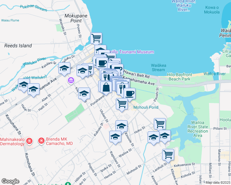 map of restaurants, bars, coffee shops, grocery stores, and more near 90 Osorio Lane in Hilo
