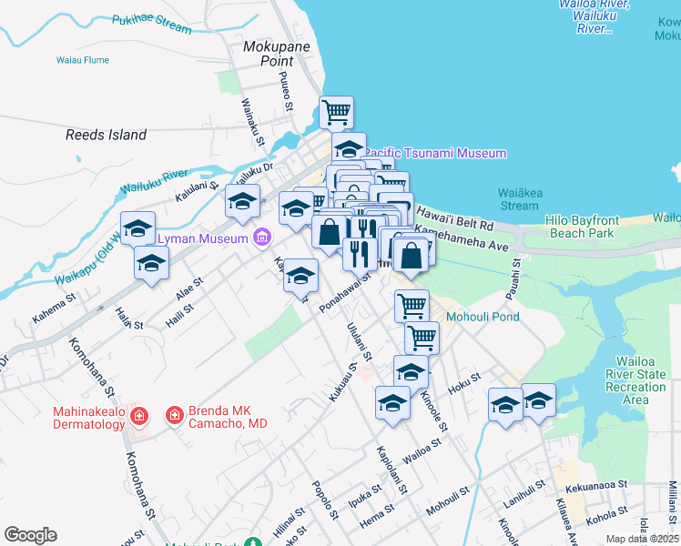 map of restaurants, bars, coffee shops, grocery stores, and more near 426 Kinoole Street in Hilo