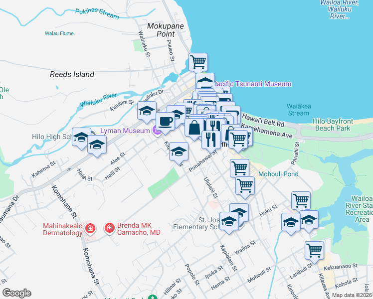 map of restaurants, bars, coffee shops, grocery stores, and more near 24 Loulu Lane in Hilo