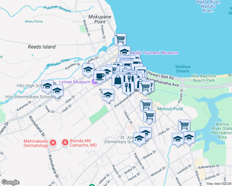 map of restaurants, bars, coffee shops, grocery stores, and more near 24 Loulu Lane in Hilo