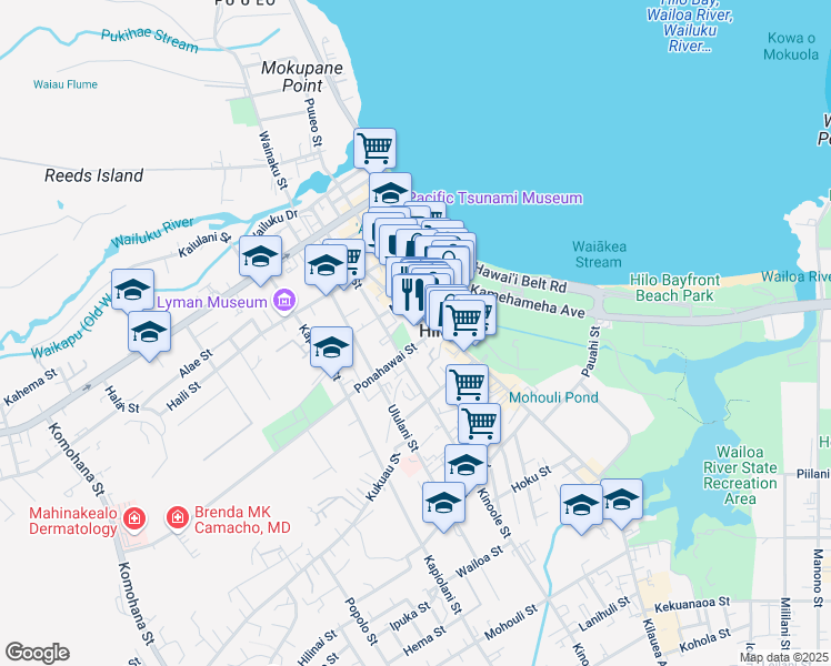 map of restaurants, bars, coffee shops, grocery stores, and more near in Hilo
