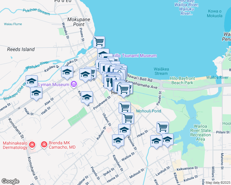 map of restaurants, bars, coffee shops, grocery stores, and more near in Hilo
