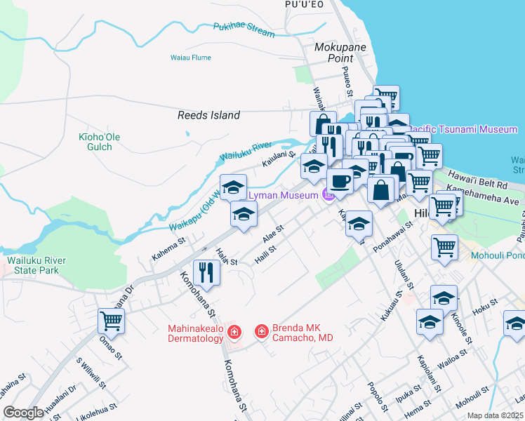 map of restaurants, bars, coffee shops, grocery stores, and more near 506 Waianuenue Avenue in Hilo