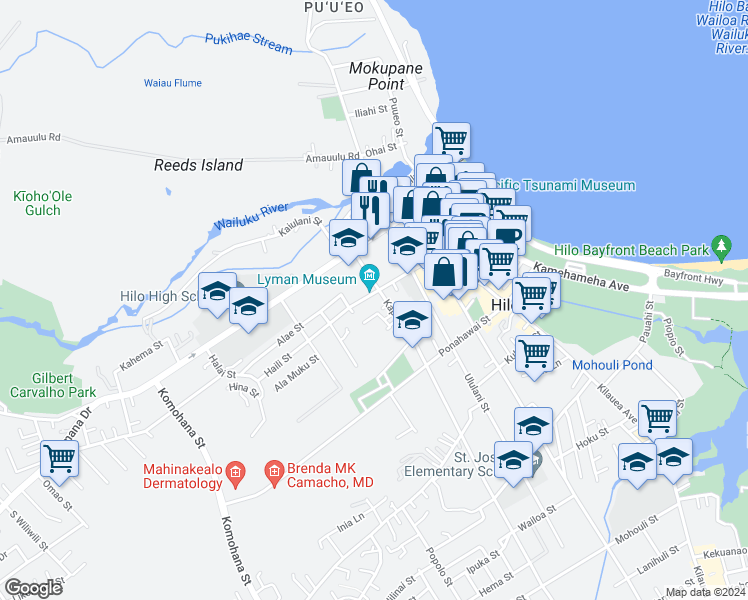 map of restaurants, bars, coffee shops, grocery stores, and more near 284 Haili Street in Hilo