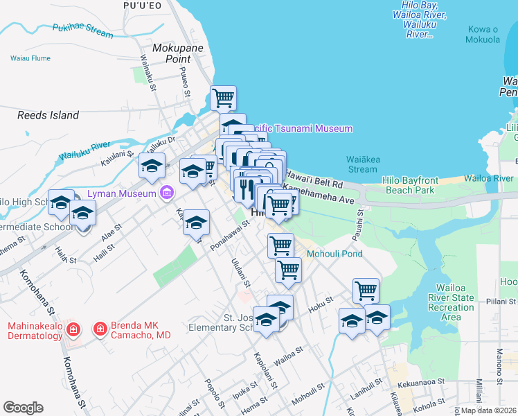 map of restaurants, bars, coffee shops, grocery stores, and more near 223C Kilauea Avenue in Hilo