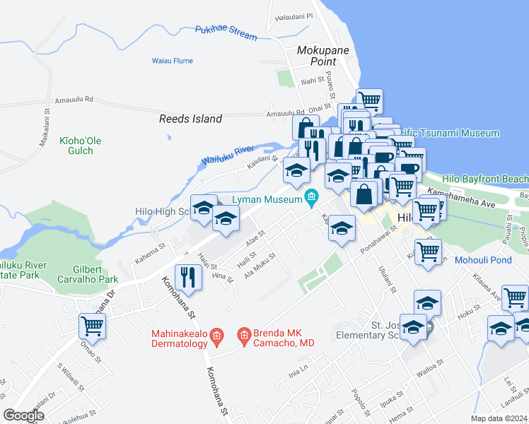 map of restaurants, bars, coffee shops, grocery stores, and more near 485 Waianuenue Avenue in Hilo