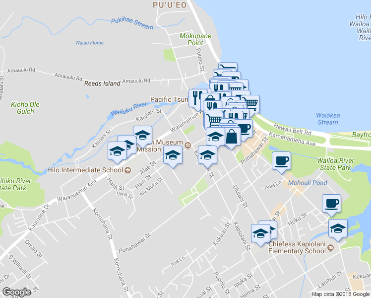 map of restaurants, bars, coffee shops, grocery stores, and more near 284 Haili Street in Hilo