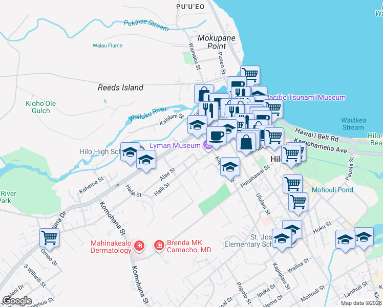 map of restaurants, bars, coffee shops, grocery stores, and more near 451 State Route 200 in Hilo