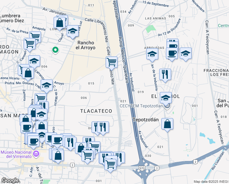 map of restaurants, bars, coffee shops, grocery stores, and more near Calle Libramiento Norte in Tepotzotlán