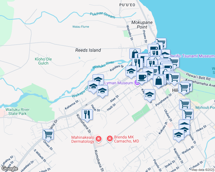 map of restaurants, bars, coffee shops, grocery stores, and more near 450 Waianuenue Avenue in Hilo