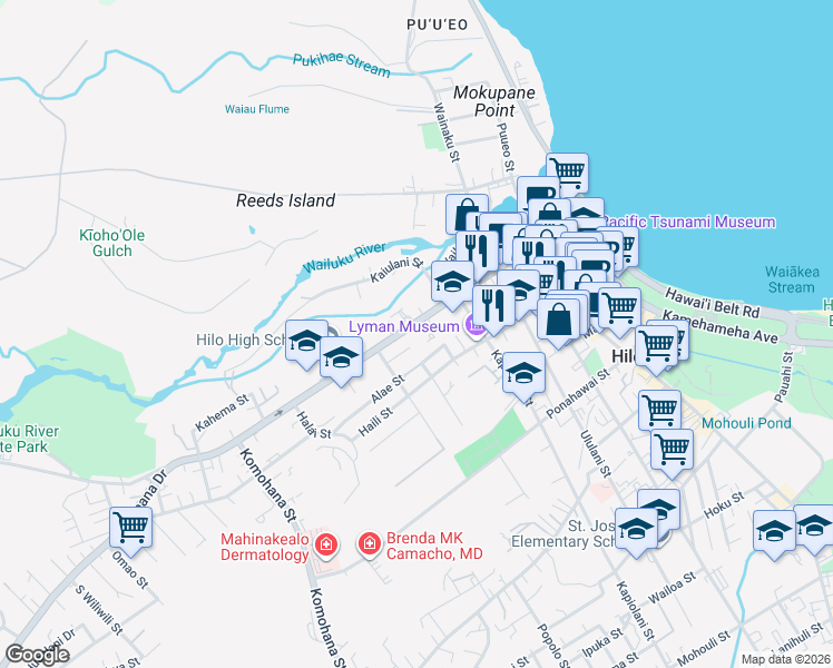 map of restaurants, bars, coffee shops, grocery stores, and more near 451 State Route 200 in Hilo