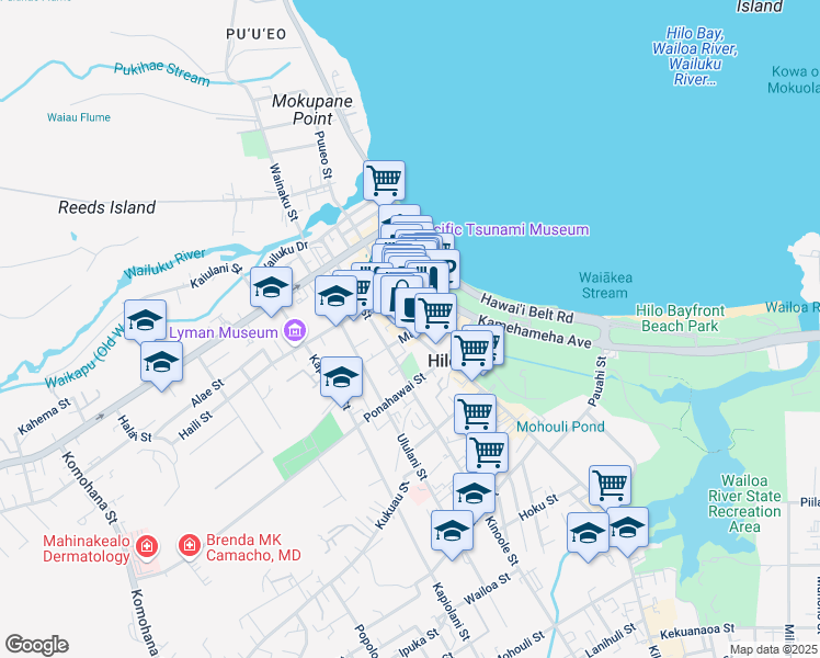 map of restaurants, bars, coffee shops, grocery stores, and more near 274 Kamehameha Avenue in Hilo