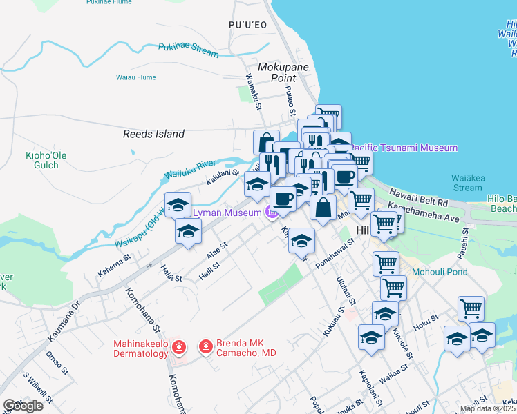 map of restaurants, bars, coffee shops, grocery stores, and more near 506 Waianuenue Avenue in Hilo