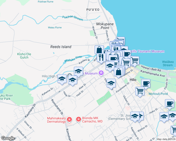 map of restaurants, bars, coffee shops, grocery stores, and more near 450 Waianuenue Avenue in Hilo