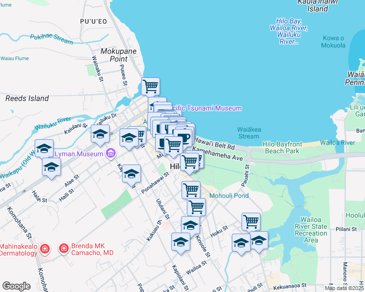 map of restaurants, bars, coffee shops, grocery stores, and more near 336 Kamehameha Avenue in Hilo