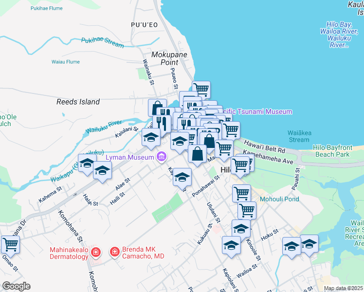 map of restaurants, bars, coffee shops, grocery stores, and more near 83 Ululani Street in Hilo