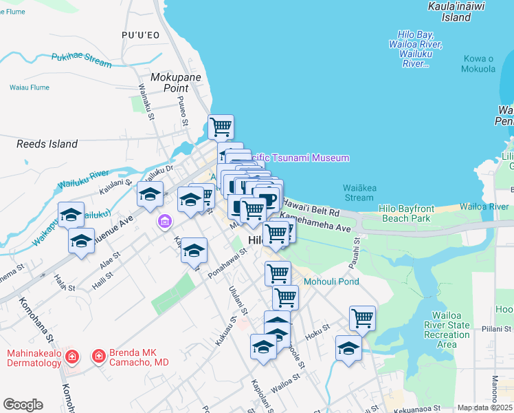 map of restaurants, bars, coffee shops, grocery stores, and more near 336 Kamehameha Avenue in Hilo