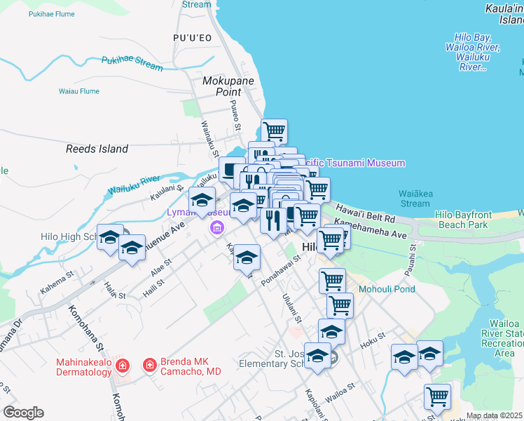 map of restaurants, bars, coffee shops, grocery stores, and more near 207 Kinoole Street in Hilo
