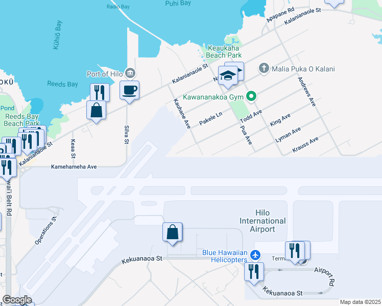map of restaurants, bars, coffee shops, grocery stores, and more near 74 Todd Avenue in Hilo