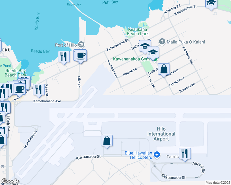 map of restaurants, bars, coffee shops, grocery stores, and more near 74 Todd Avenue in Hilo
