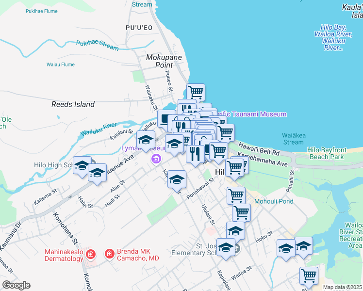 map of restaurants, bars, coffee shops, grocery stores, and more near 207 Kinoole Street in Hilo