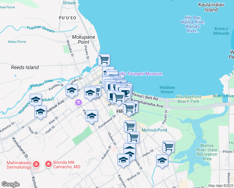 map of restaurants, bars, coffee shops, grocery stores, and more near 336 Kamehameha Avenue in Hilo