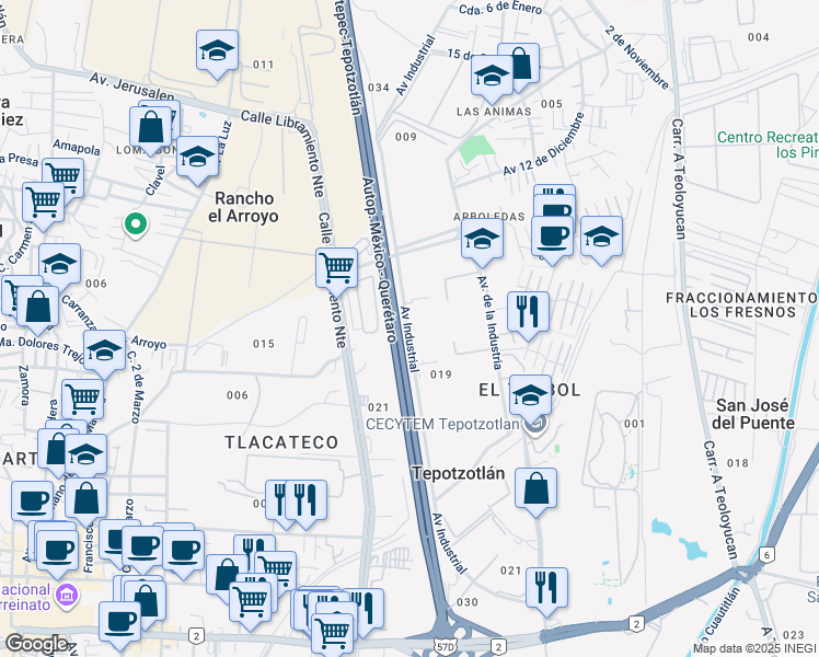 map of restaurants, bars, coffee shops, grocery stores, and more near 30 Calle Libramiento Norte in Tepotzotlán