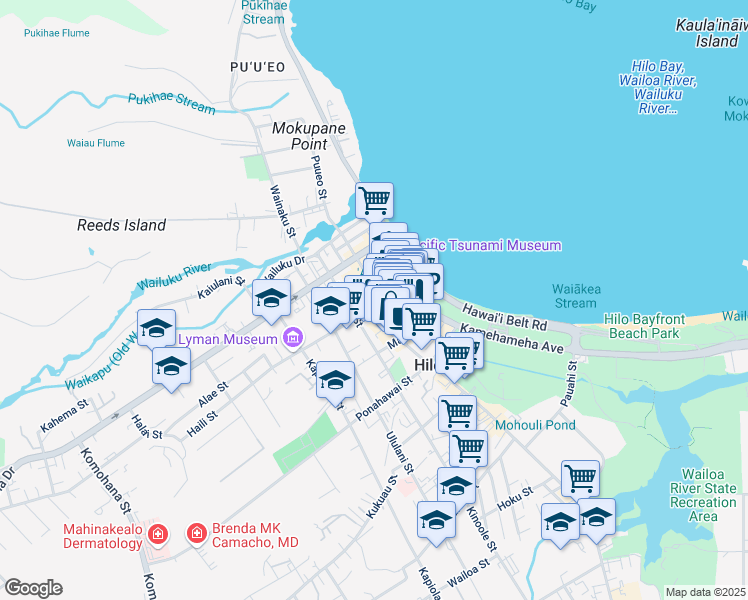 map of restaurants, bars, coffee shops, grocery stores, and more near 274 Kamehameha Avenue in Hilo