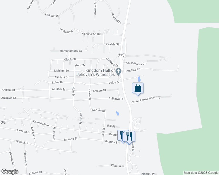 map of restaurants, bars, coffee shops, grocery stores, and more near 73-1207 Ahulani Street in Kailua-Kona