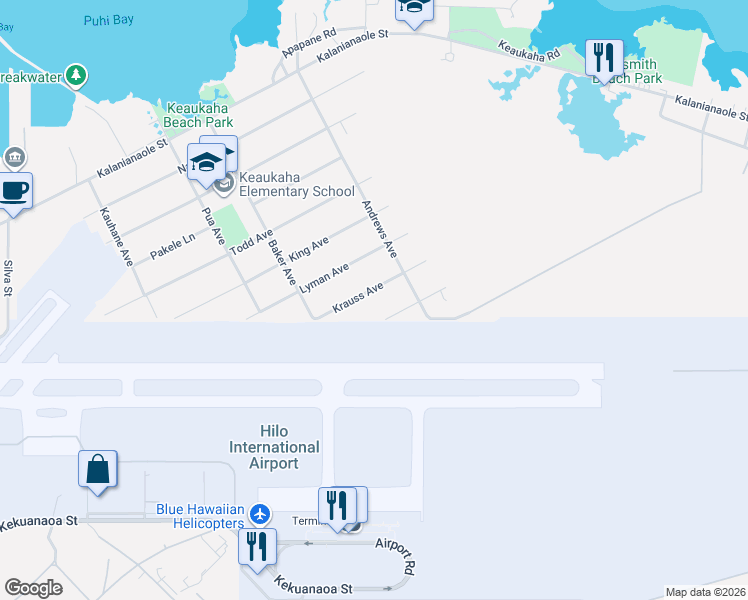 map of restaurants, bars, coffee shops, grocery stores, and more near 169 Krauss Avenue in Hilo