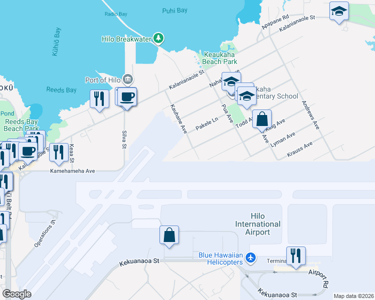 map of restaurants, bars, coffee shops, grocery stores, and more near 95 Todd Avenue in Hilo