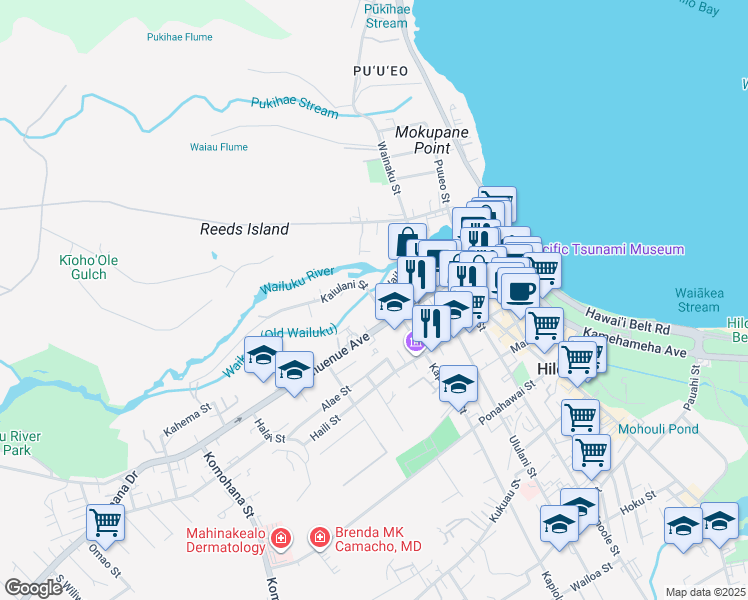map of restaurants, bars, coffee shops, grocery stores, and more near 141 Kaiulani Street in Hilo