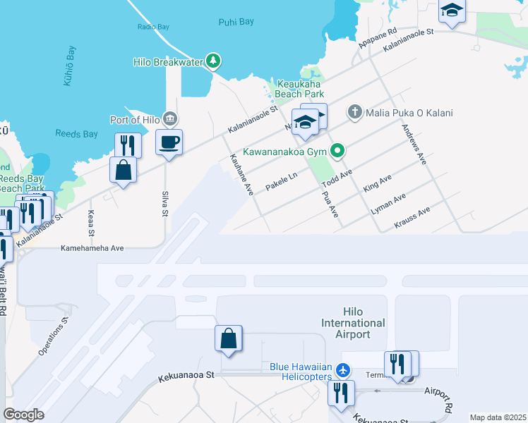map of restaurants, bars, coffee shops, grocery stores, and more near 162 Kauhane Avenue in Hilo