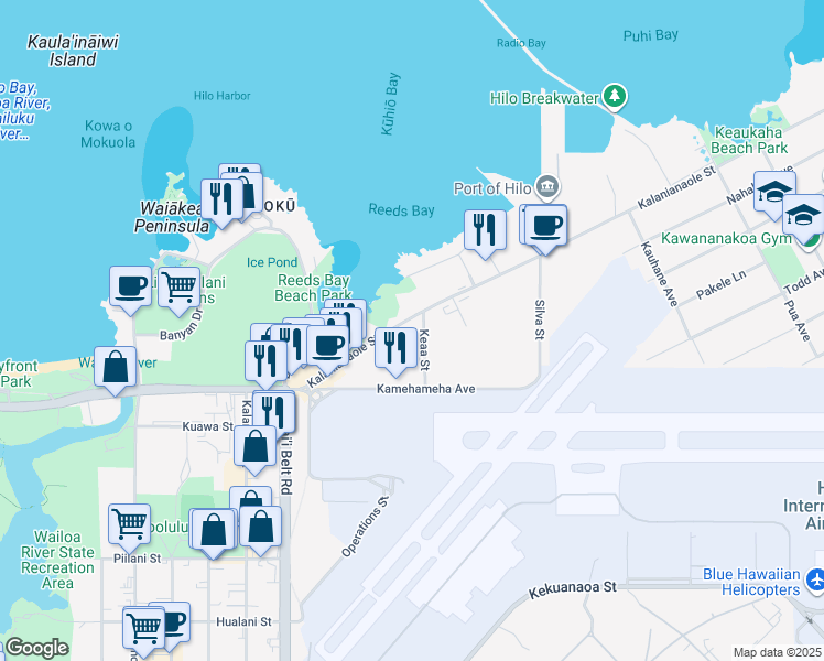 map of restaurants, bars, coffee shops, grocery stores, and more near 300 Kalanianaole Avenue in Hilo